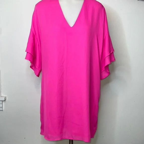 open lace back dress Flutter Sleeve Dress—Hot Pink main image 1